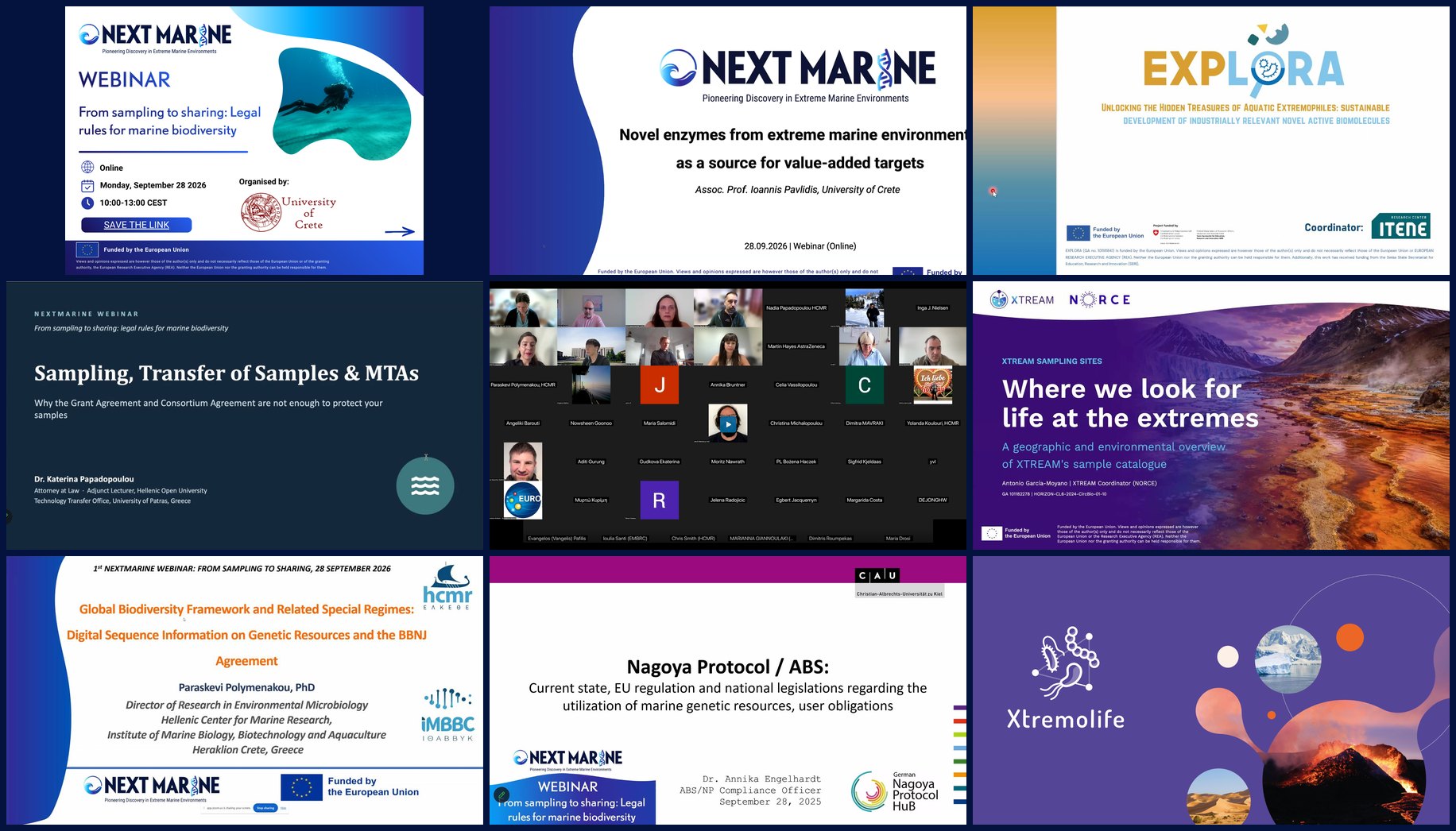 Mosaic of slides and the participant gallery from the first NEXTMARINE webinar, From sampling to sharing: legal rules for marine biodiversity